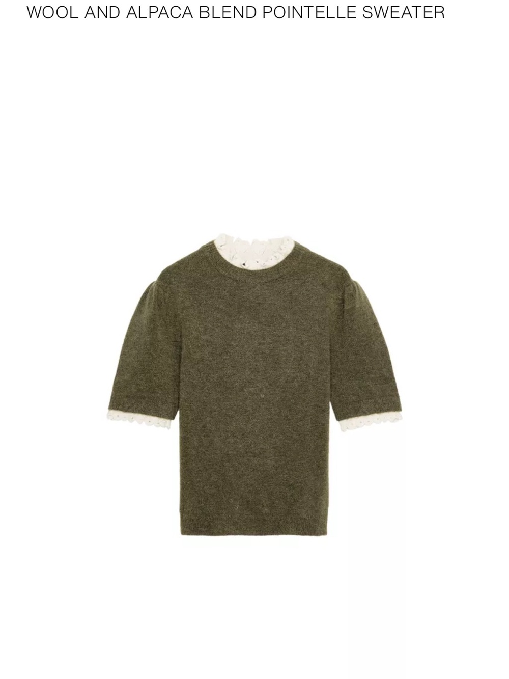 Zara Olive Green Wool-Alpaca Pointelle Sweater with Cream Lace